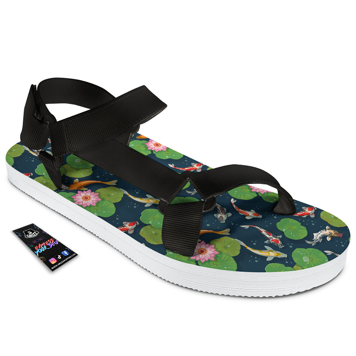 Lotus And Koi Carp Print Pattern Black Open Toe Sandals-grizzshop