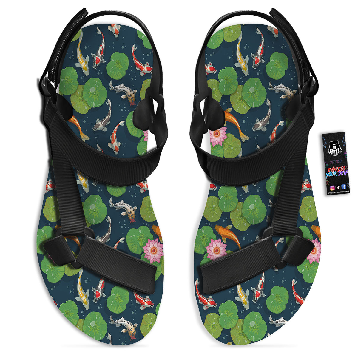Lotus And Koi Carp Print Pattern Black Open Toe Sandals-grizzshop