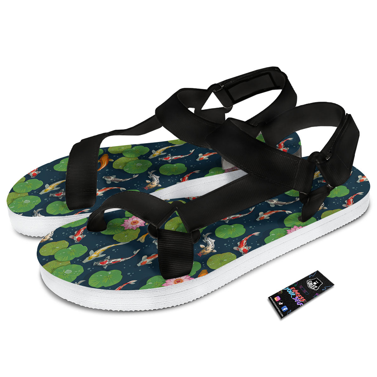 Lotus And Koi Carp Print Pattern Black Open Toe Sandals-grizzshop