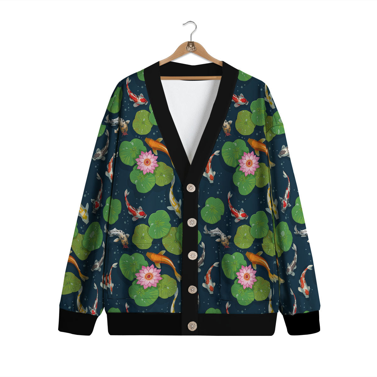 Lotus And Koi Carp Print Pattern Cardigan-grizzshop