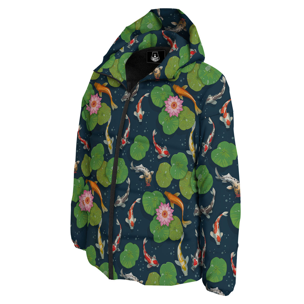 Lotus And Koi Carp Print Pattern Down Jacket-grizzshop