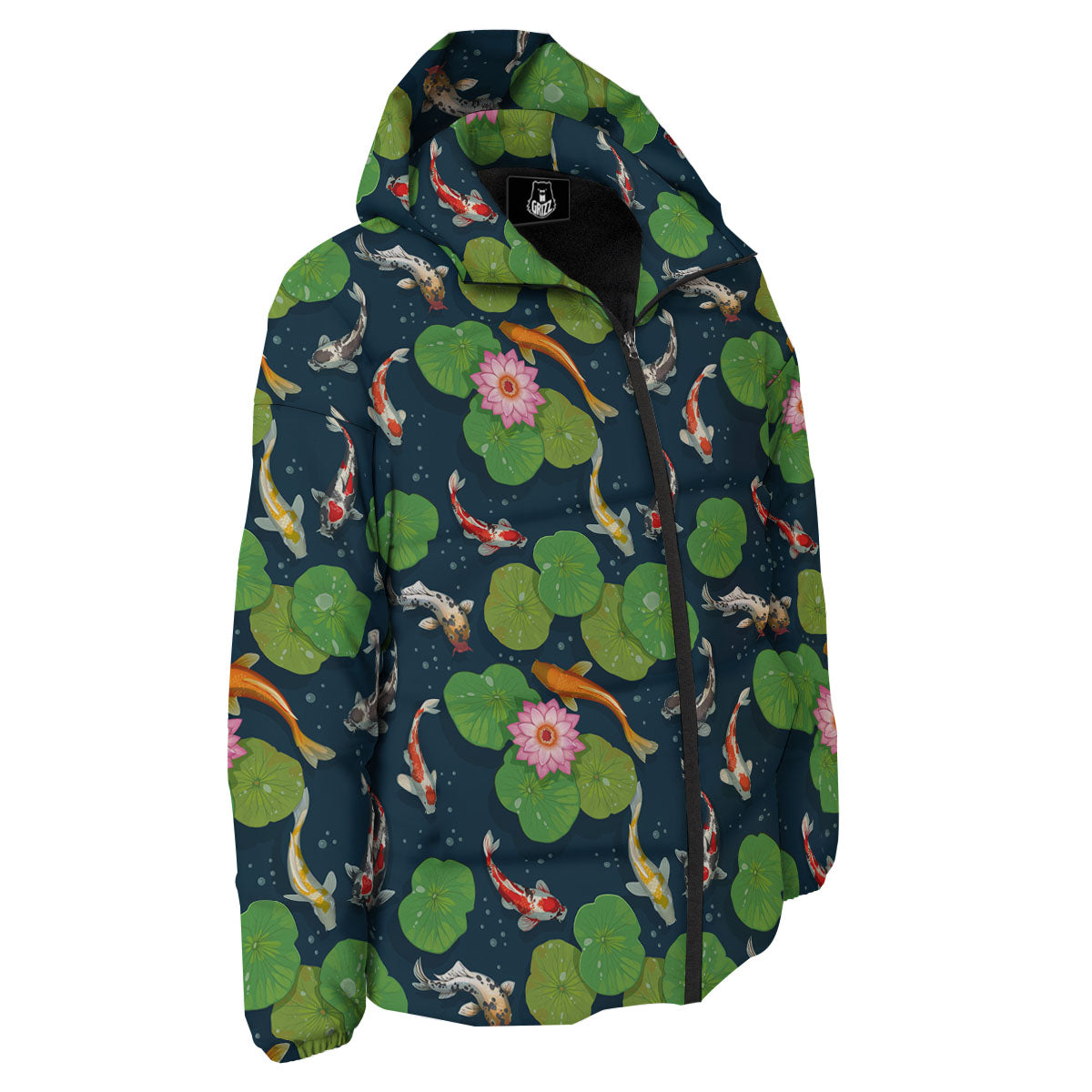 Lotus And Koi Carp Print Pattern Down Jacket-grizzshop
