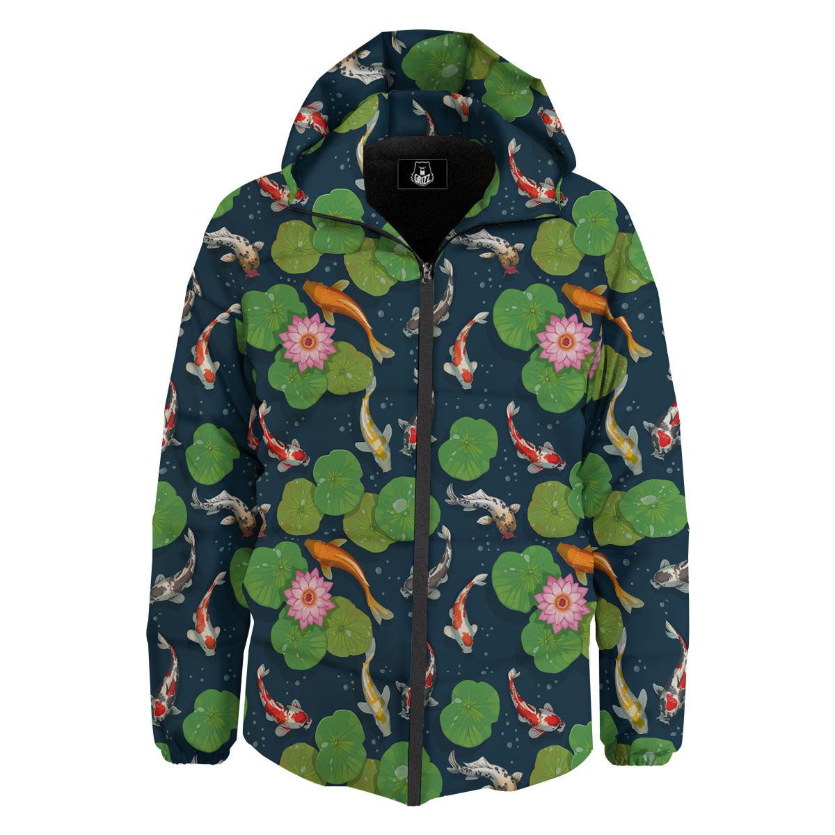 Lotus And Koi Carp Print Pattern Down Jacket-grizzshop