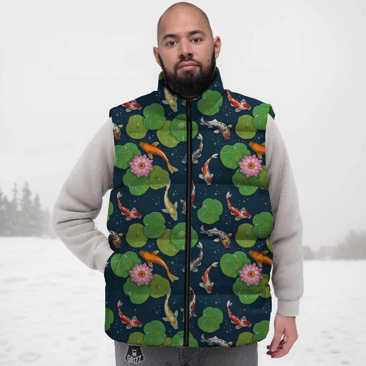 Lotus And Koi Carp Print Pattern Down Vest
