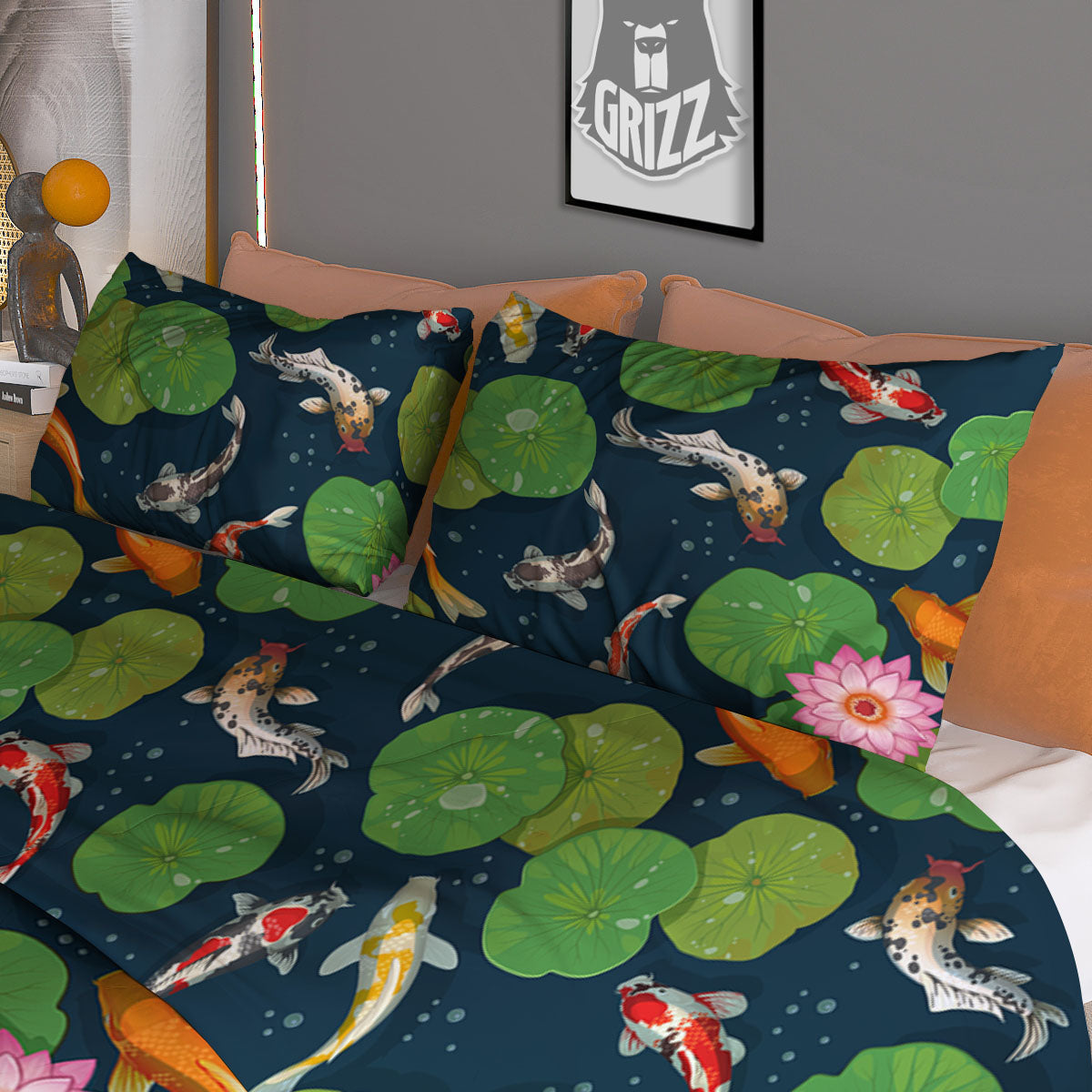 Lotus And Koi Carp Print Pattern Duvet Cover Bedding Set