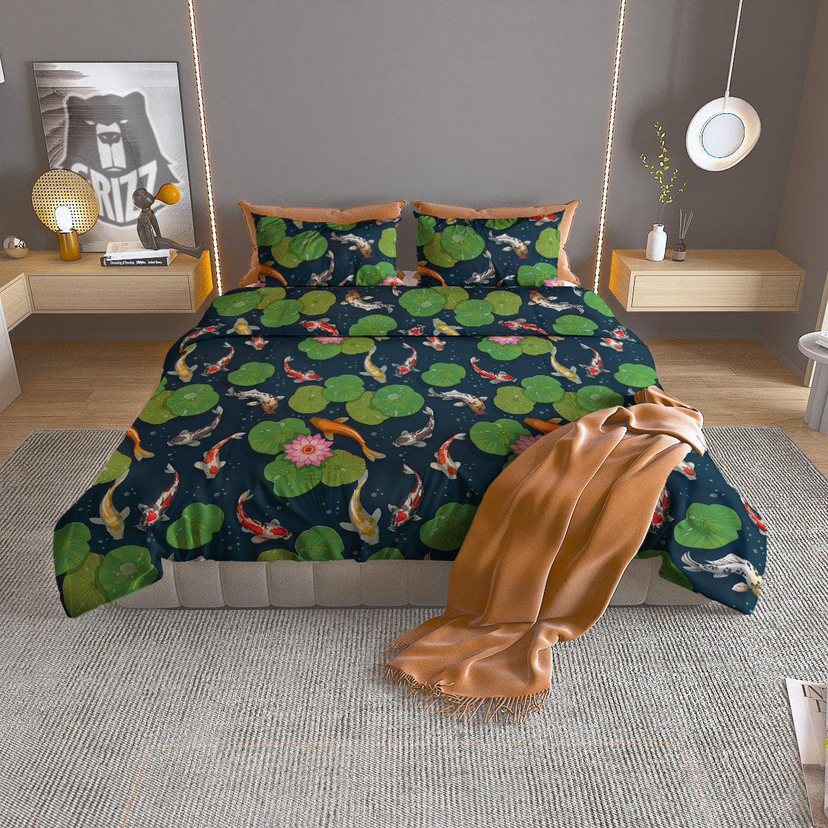 Lotus And Koi Carp Print Pattern Duvet Cover Bedding Set