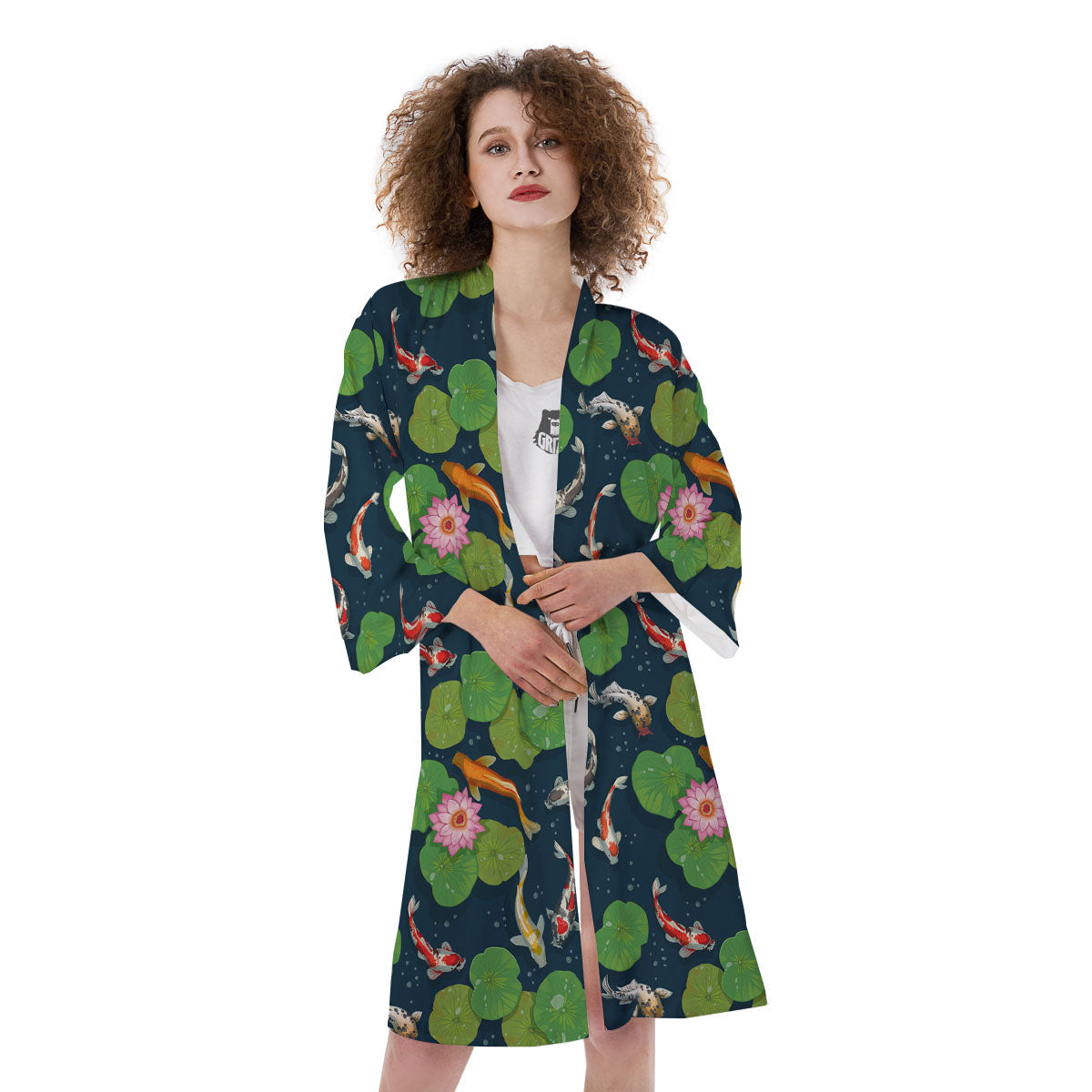 Lotus And Koi Carp Print Pattern Kimono-grizzshop