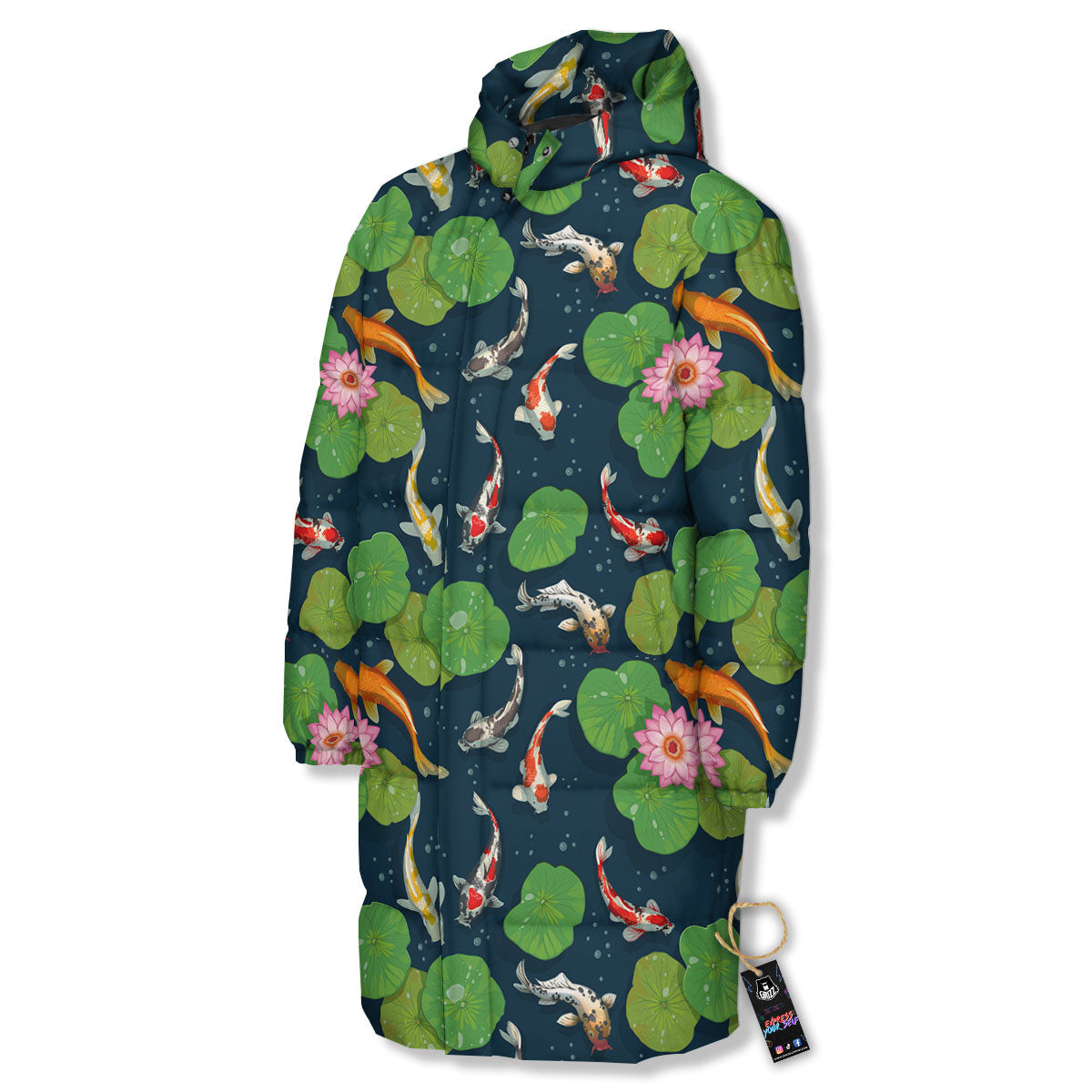 Lotus And Koi Carp Print Pattern Long Down Jacket-grizzshop