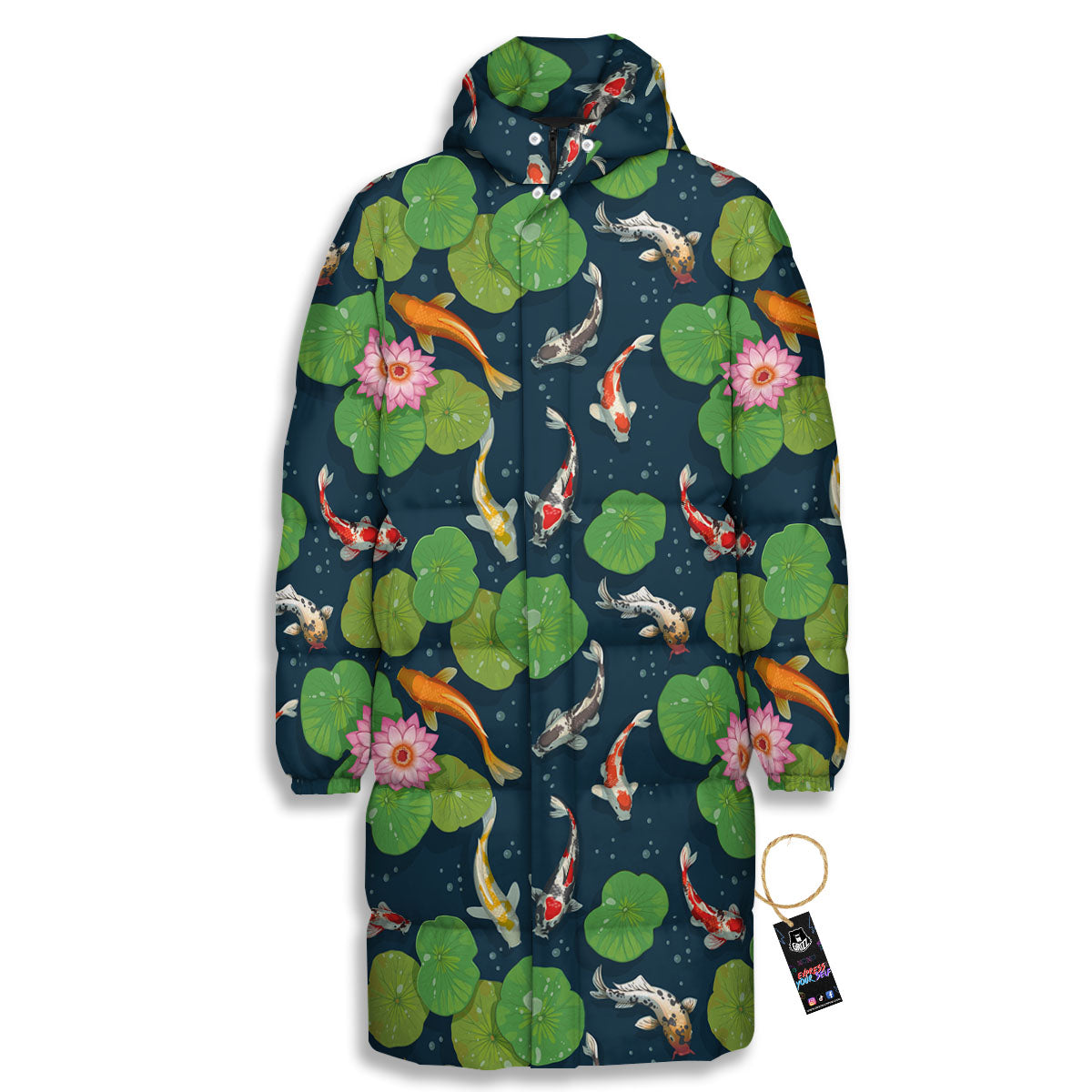 Lotus And Koi Carp Print Pattern Long Down Jacket-grizzshop