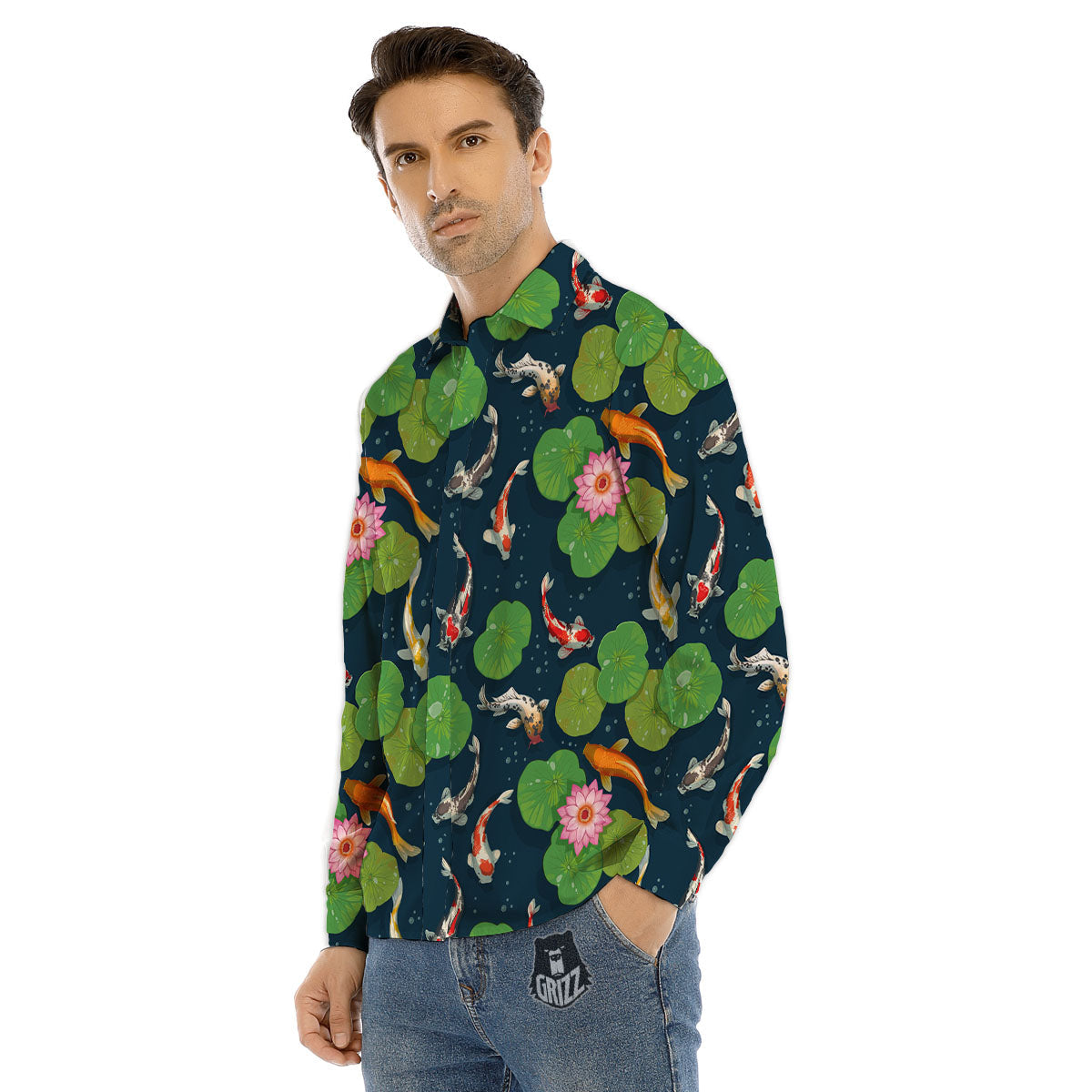 Lotus And Koi Carp Print Pattern Men's Dress Shirts-grizzshop