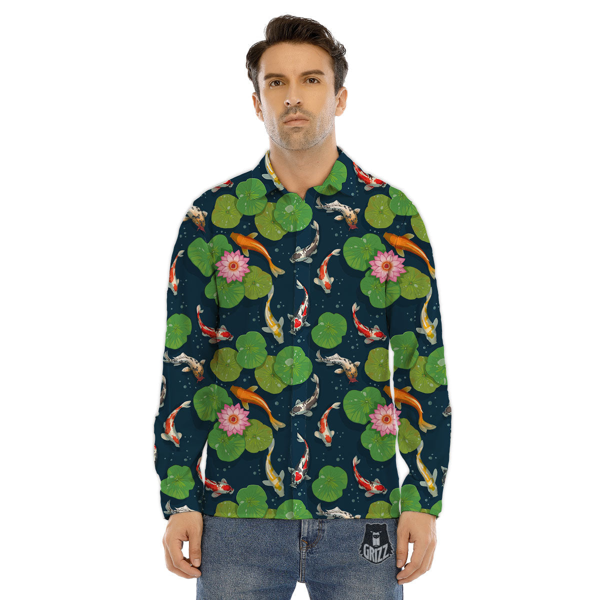 Lotus And Koi Carp Print Pattern Men's Dress Shirts-grizzshop