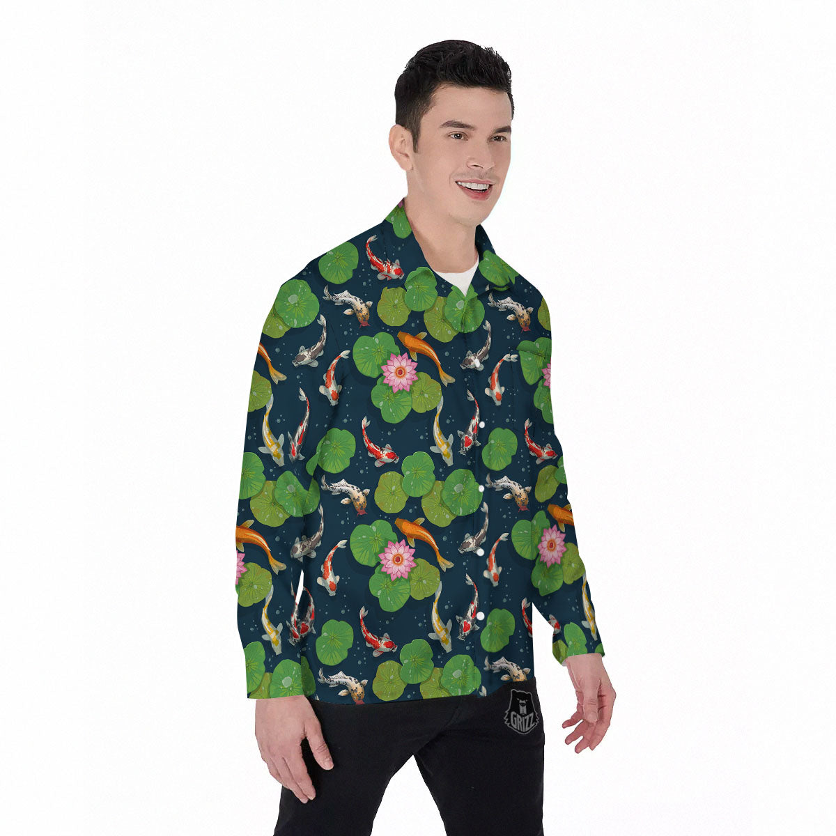 Lotus And Koi Carp Print Pattern Men's Long Sleeve Shirts-grizzshop