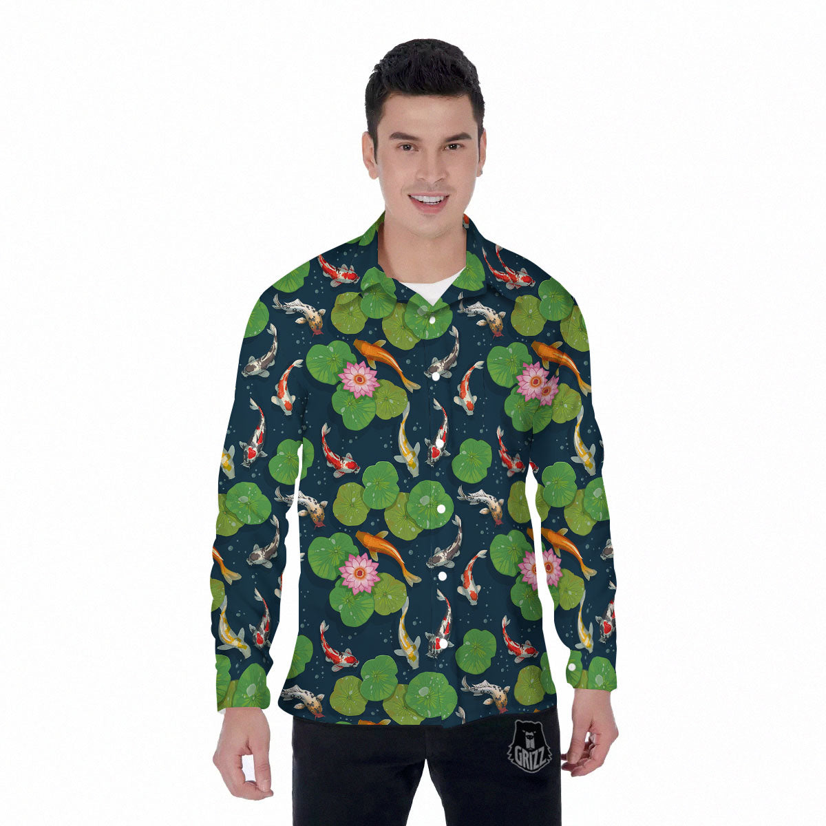 Lotus And Koi Carp Print Pattern Men's Long Sleeve Shirts-grizzshop