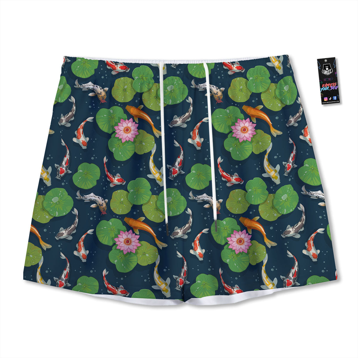 Lotus And Koi Carp Print Pattern Mesh Shorts