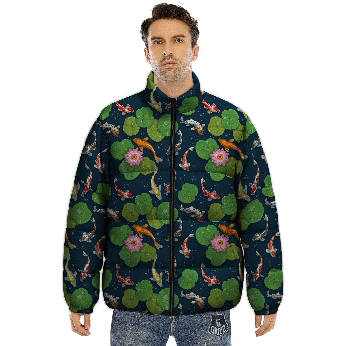 Lotus And Koi Carp Print Pattern Puffer Jacket-grizzshop