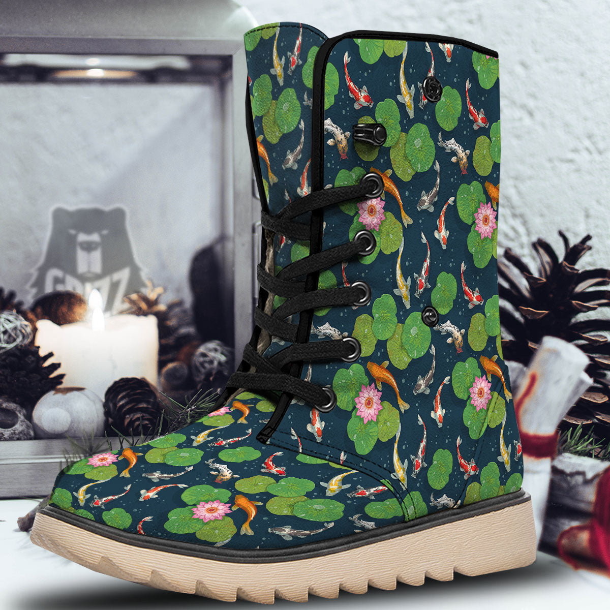 Lotus And Koi Carp Print Pattern Snow Boots-grizzshop