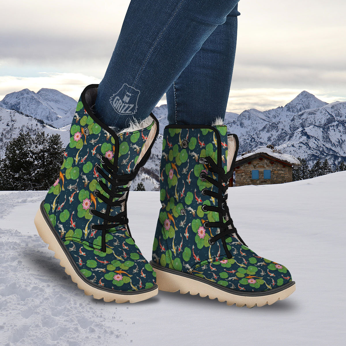 Lotus And Koi Carp Print Pattern Snow Boots-grizzshop