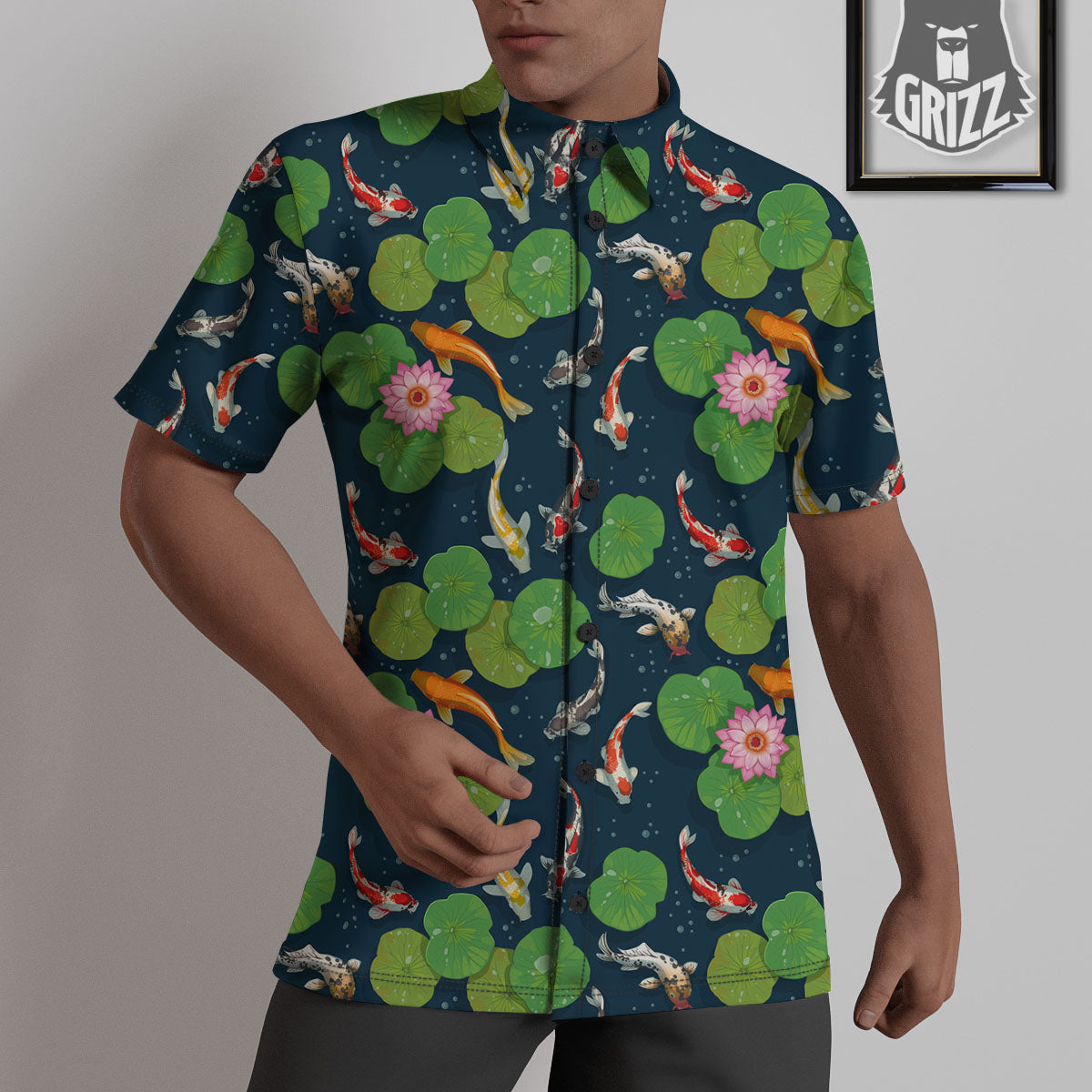 Lotus And Koi Carp Print Pattern Untucked Shirts-grizzshop
