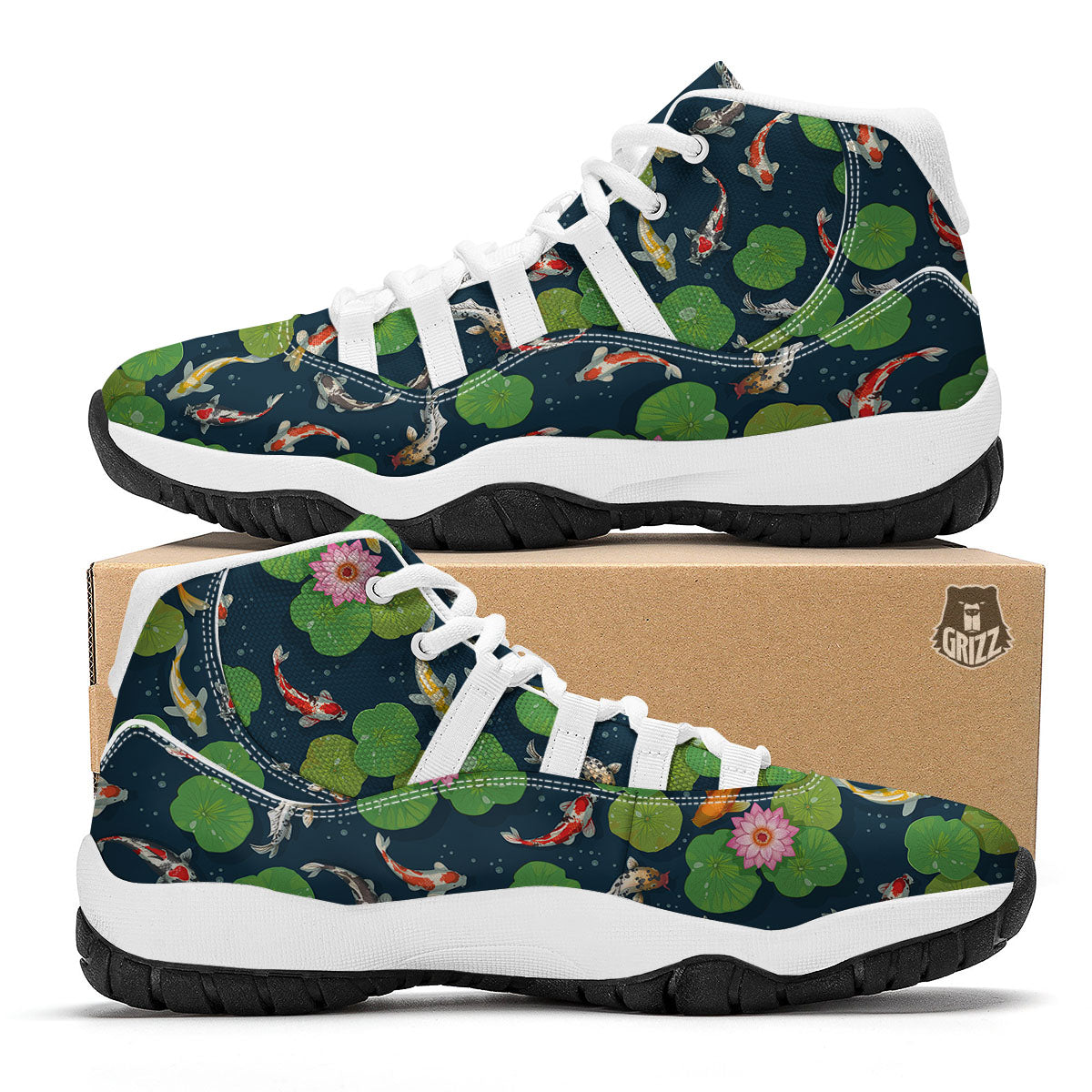 Lotus And Koi Carp Print Pattern White Bball Shoes-grizzshop