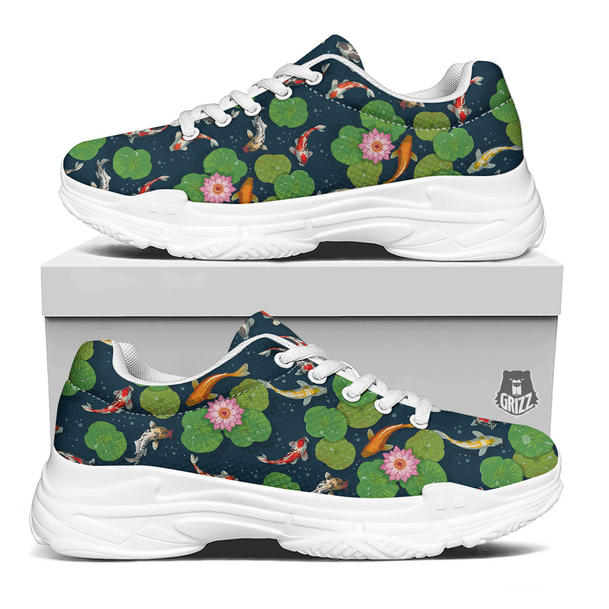 Lotus And Koi Carp Print Pattern White Chunky Shoes-grizzshop