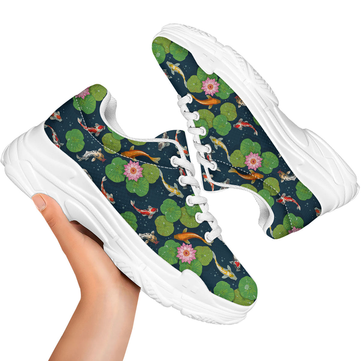 Lotus And Koi Carp Print Pattern White Chunky Shoes-grizzshop