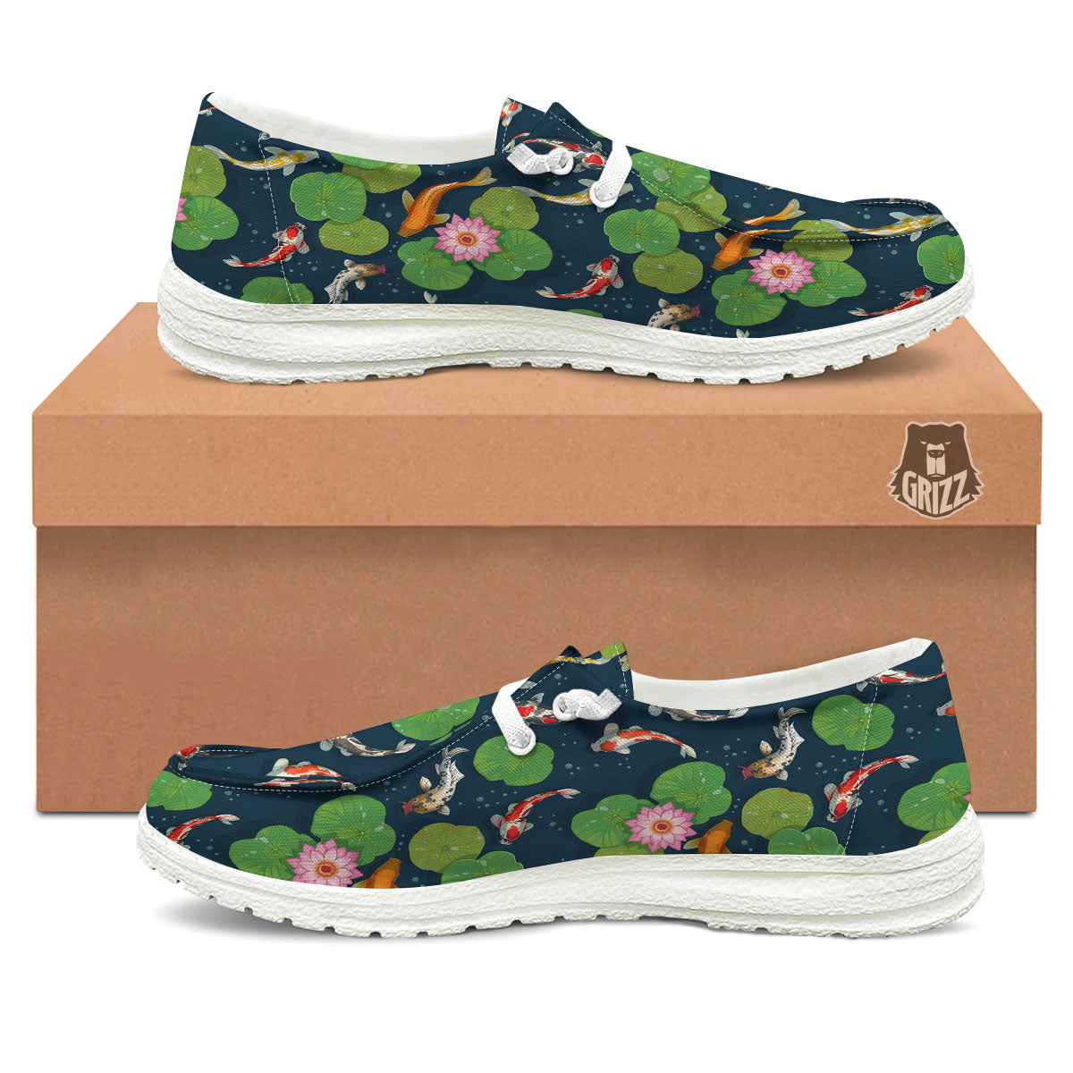 Lotus And Koi Carp Print Pattern White Loafers-grizzshop