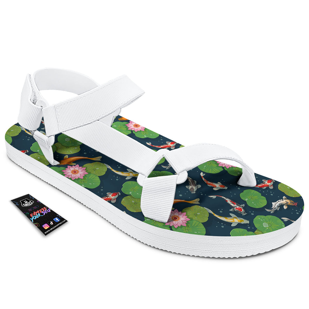 Lotus And Koi Carp Print Pattern White Open Toe Sandals-grizzshop