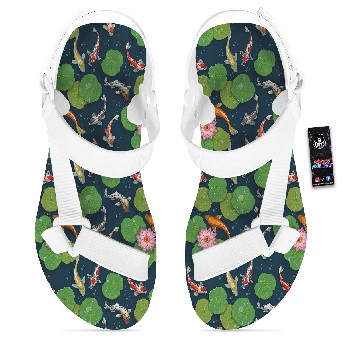 Lotus And Koi Carp Print Pattern White Open Toe Sandals-grizzshop