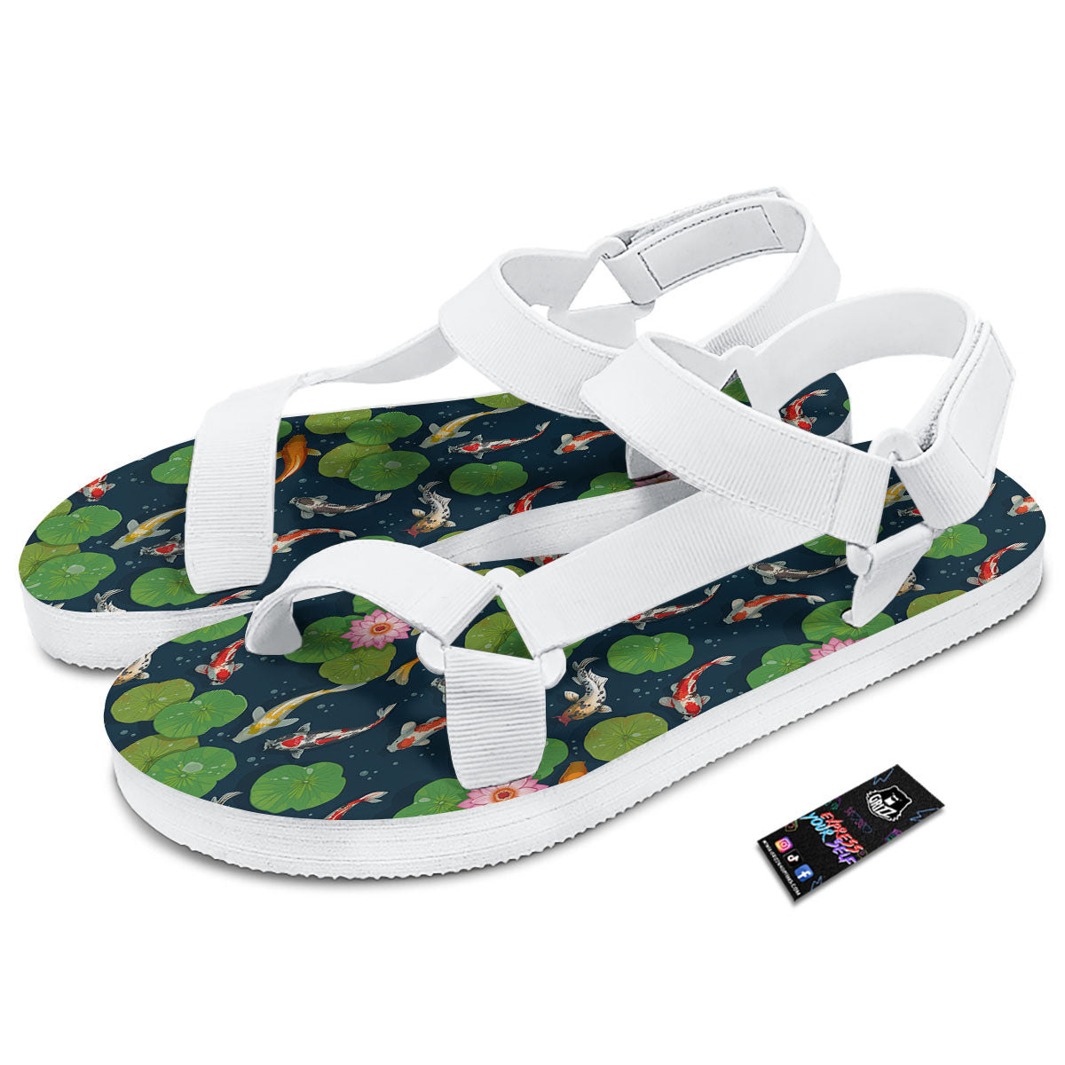Lotus And Koi Carp Print Pattern White Open Toe Sandals-grizzshop