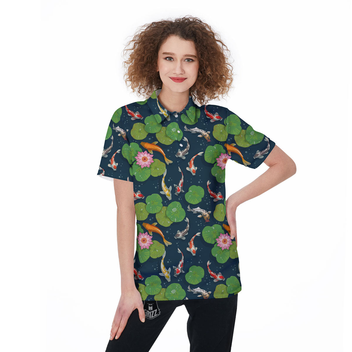 Lotus And Koi Carp Print Pattern Women's Golf Shirts-grizzshop