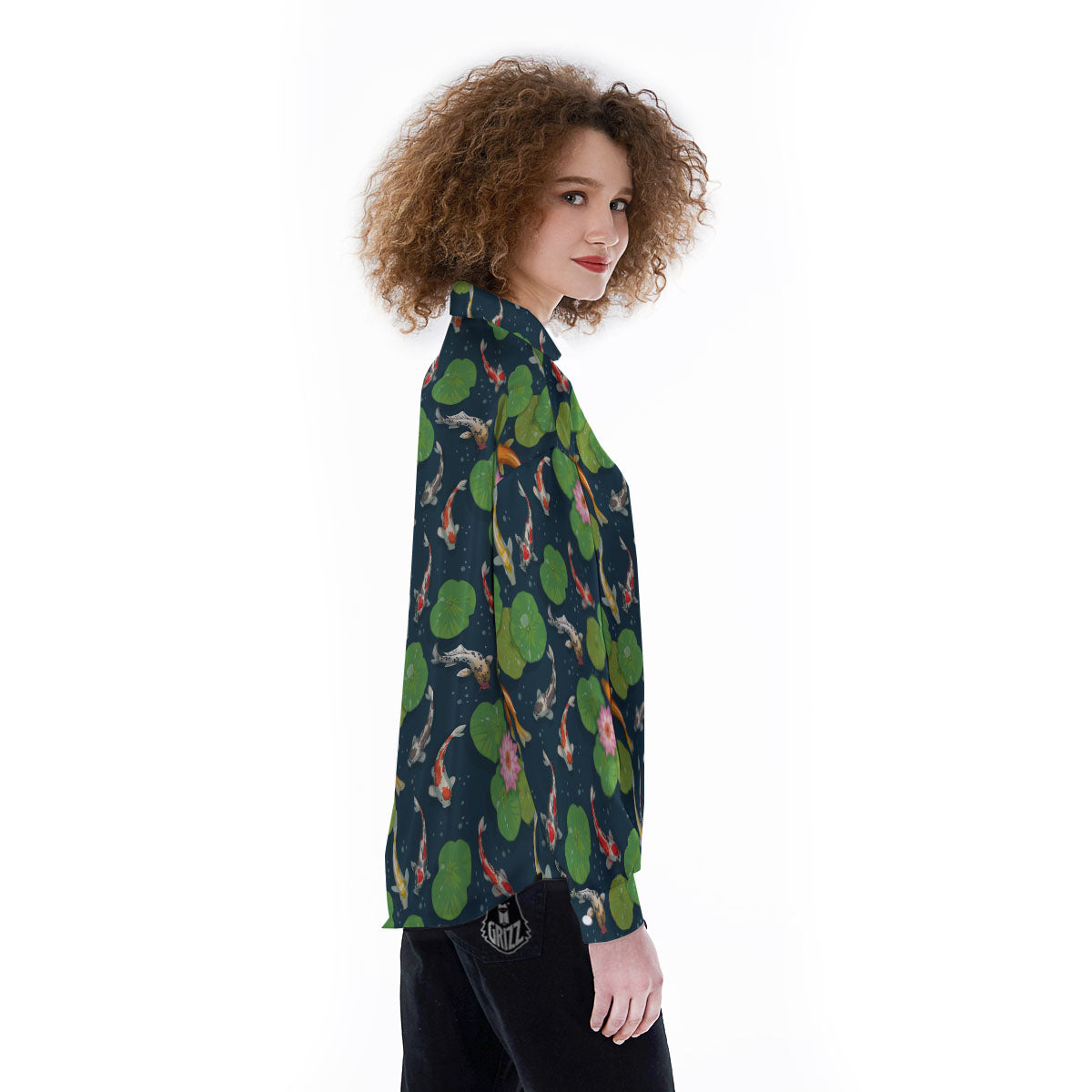 Lotus And Koi Carp Print Pattern Women's Long Sleeve Shirts-grizzshop