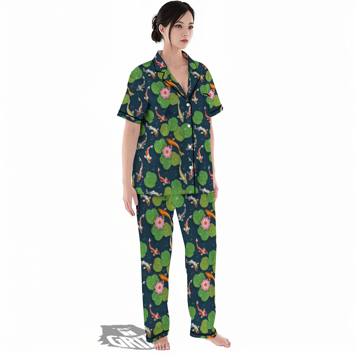 Lotus And Koi Carp Print Pattern Women's Pajamas Set-grizzshop