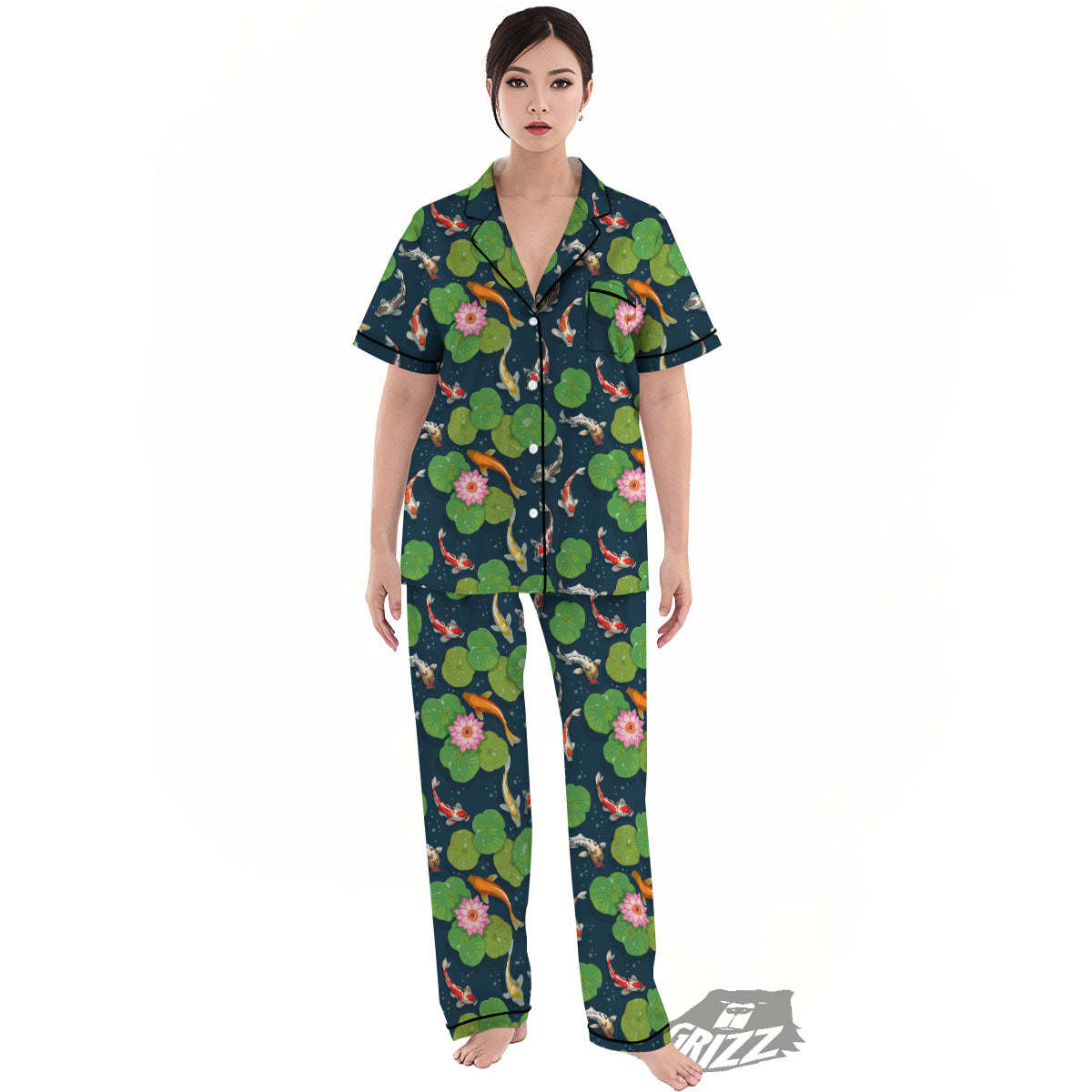 Lotus And Koi Carp Print Pattern Women's Pajamas Set-grizzshop