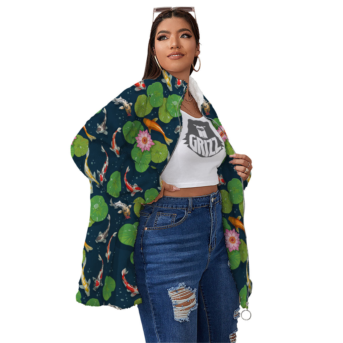 Lotus And Koi Carp Print Pattern Women's Sherpa Jacket-grizzshop