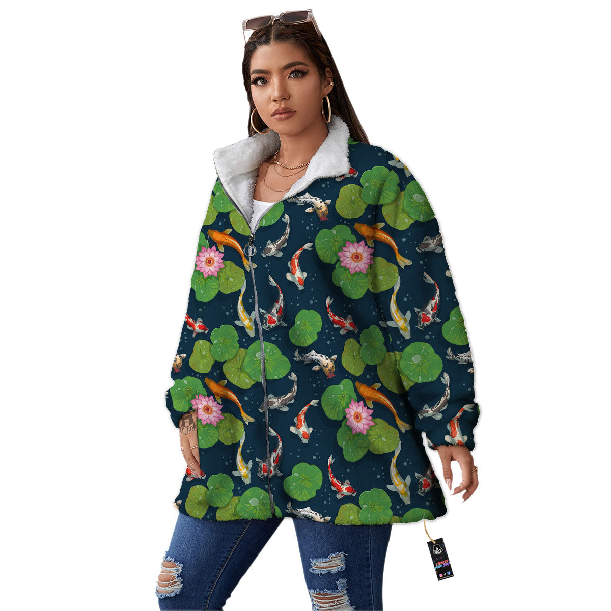 Lotus And Koi Carp Print Pattern Women's Sherpa Jacket-grizzshop
