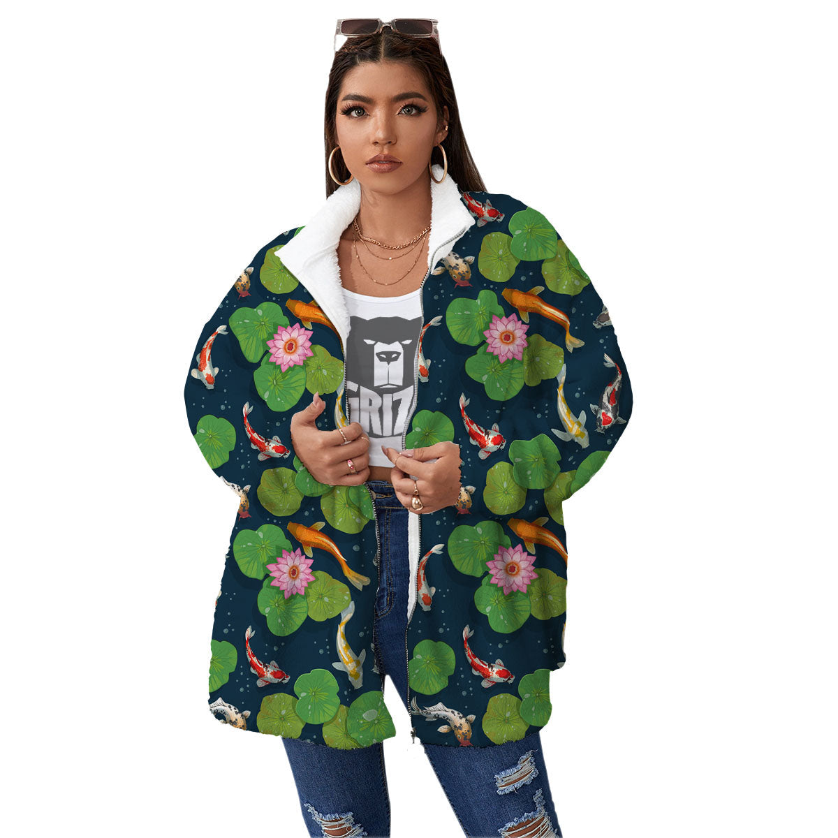 Lotus And Koi Carp Print Pattern Women's Sherpa Jacket-grizzshop