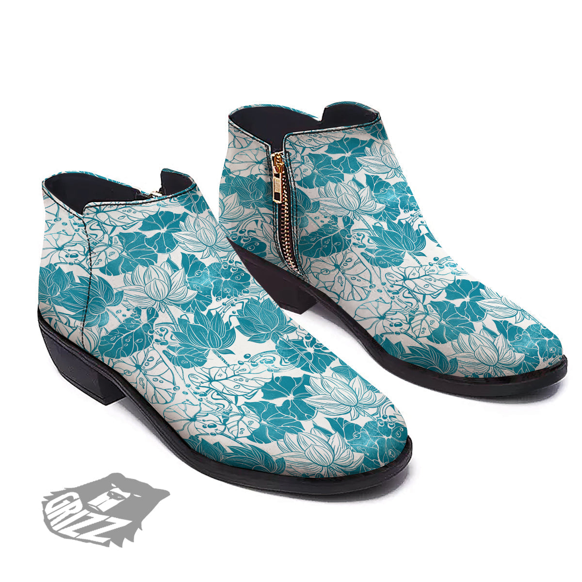 Lotus Blue And White Flower Print Pattern Ankle Boots-grizzshop