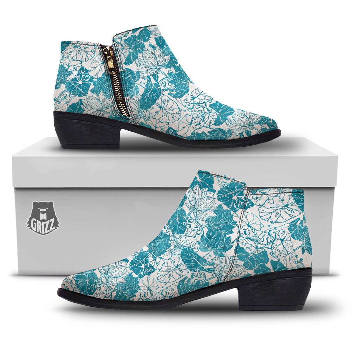 Lotus Blue And White Flower Print Pattern Ankle Boots-grizzshop