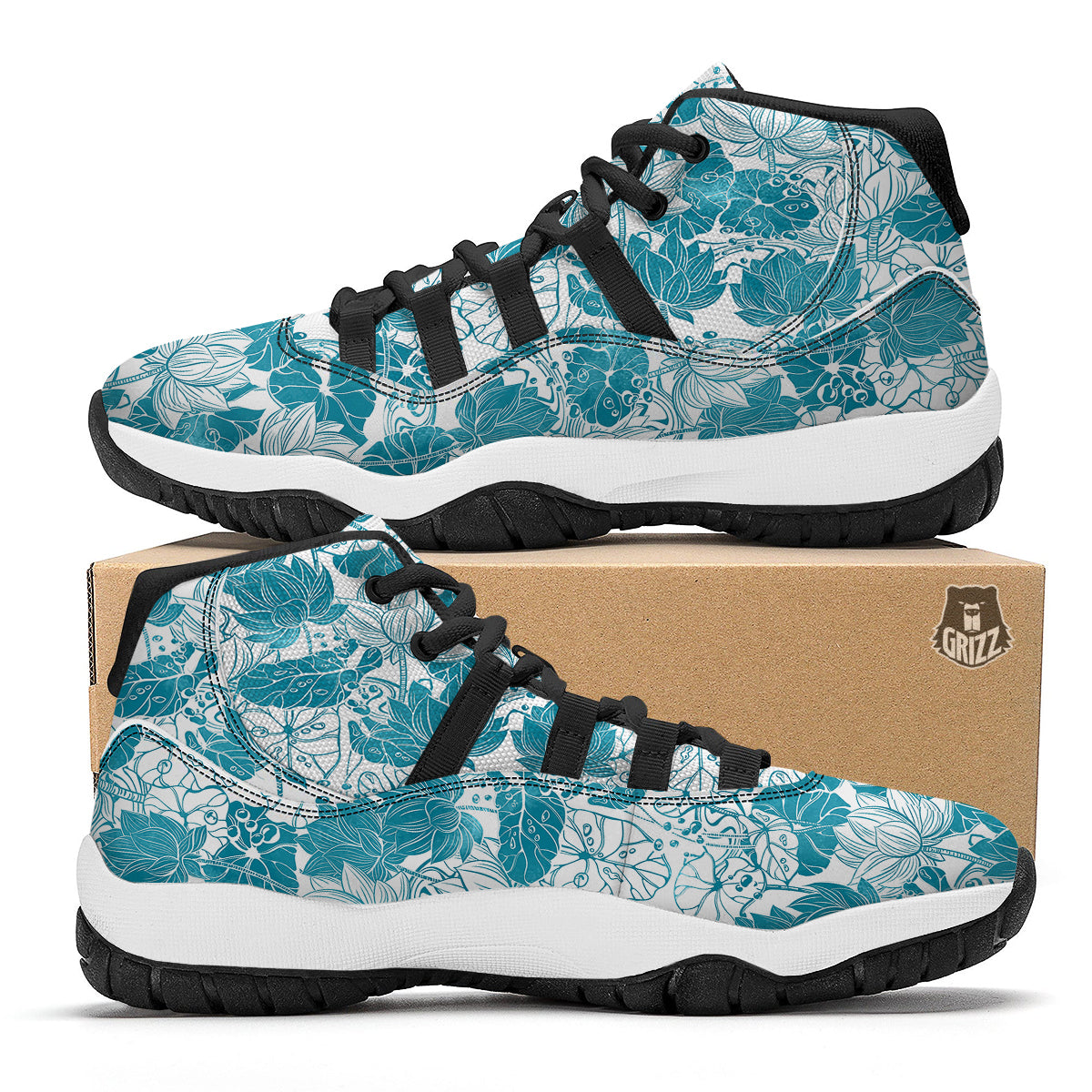 Lotus Blue And White Flower Print Pattern Black Bball Shoes-grizzshop