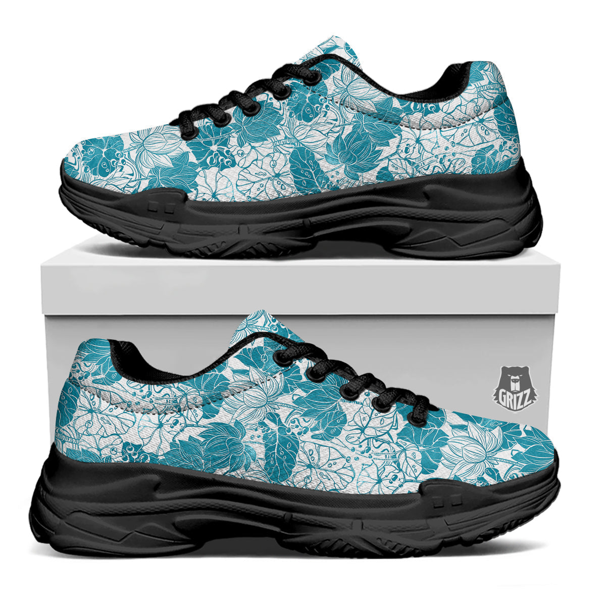 Lotus Blue And White Flower Print Pattern Black Chunky Shoes-grizzshop