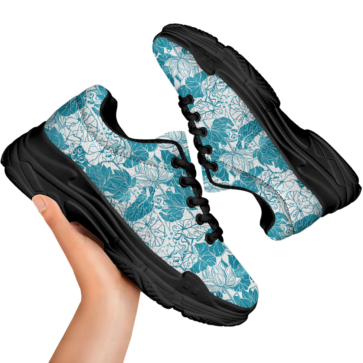 Lotus Blue And White Flower Print Pattern Black Chunky Shoes-grizzshop