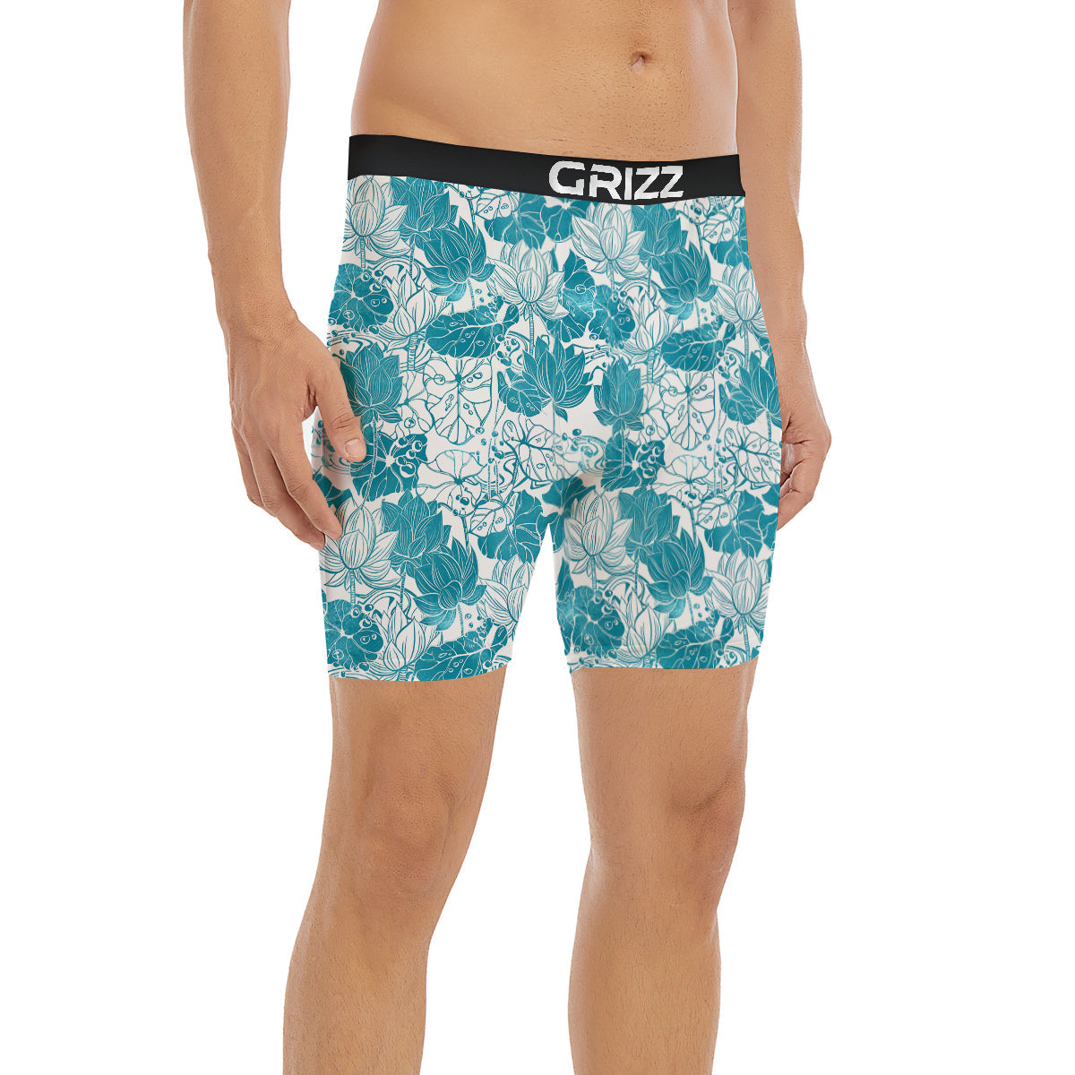 Lotus Blue And White Flower Print Pattern Boxer Briefs-grizzshop