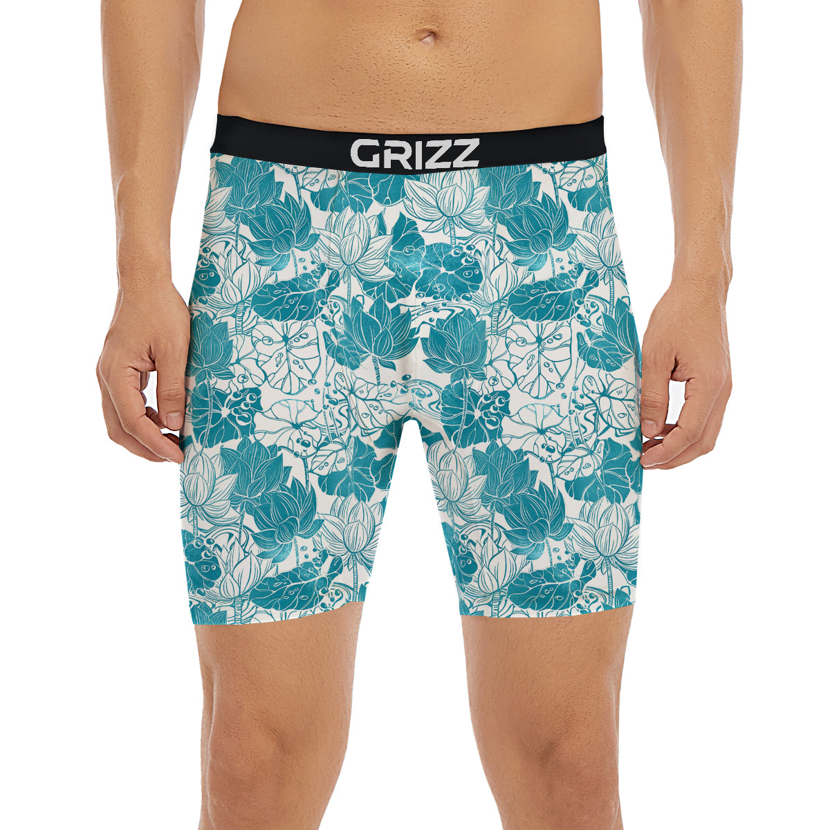 Lotus Blue And White Flower Print Pattern Boxer Briefs-grizzshop