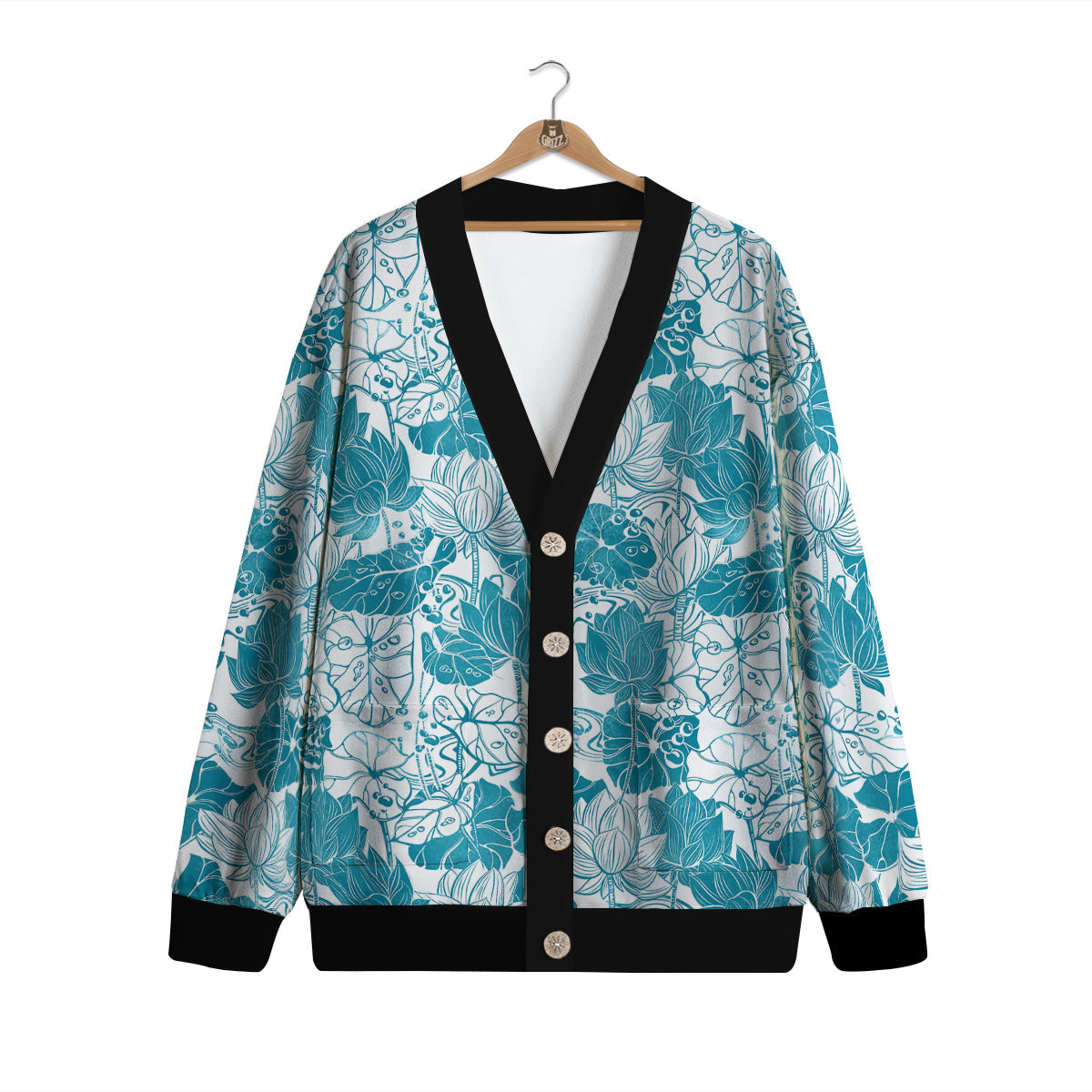 Lotus Blue And White Flower Print Pattern Cardigan-grizzshop
