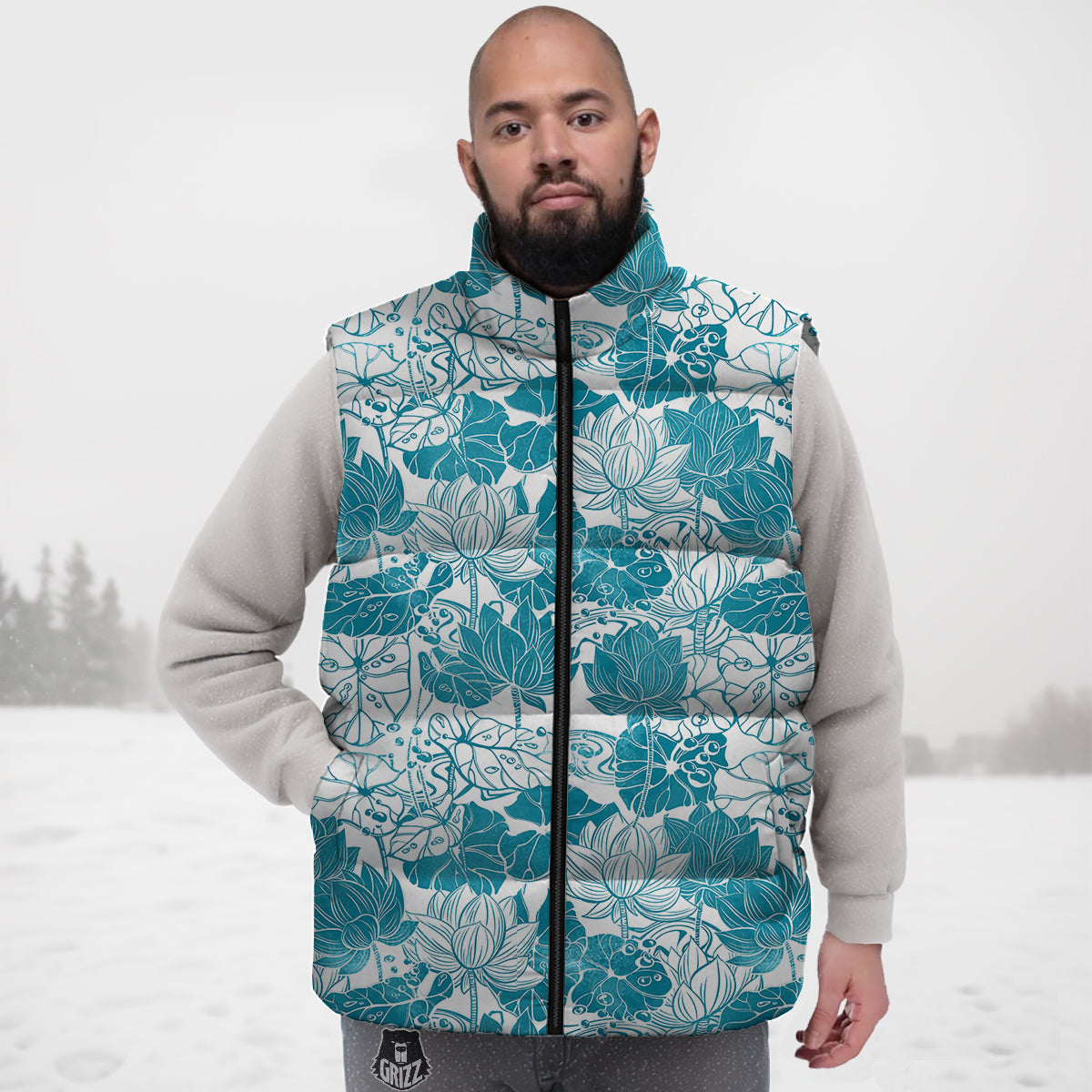 Lotus Blue And White Flower Print Pattern Down Vest