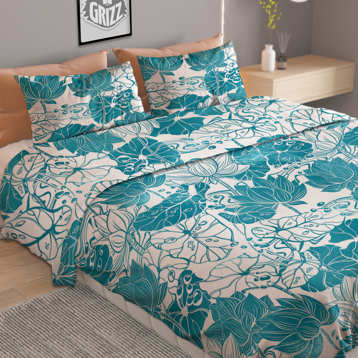 Lotus Blue And White Flower Print Pattern Duvet Cover Bedding Set