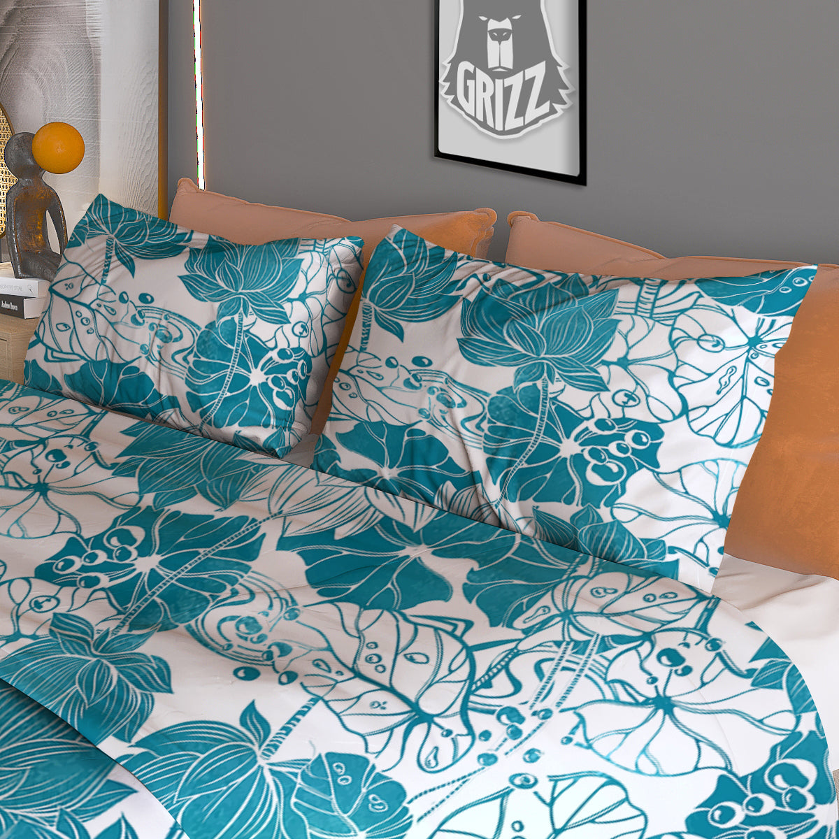 Lotus Blue And White Flower Print Pattern Duvet Cover Bedding Set
