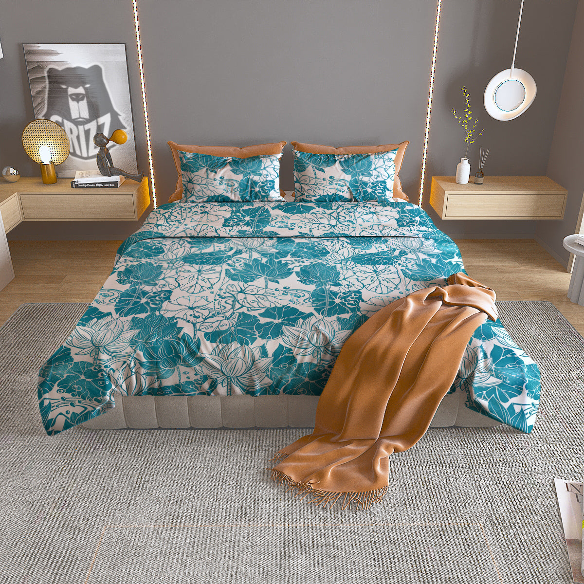 Lotus Blue And White Flower Print Pattern Duvet Cover Bedding Set