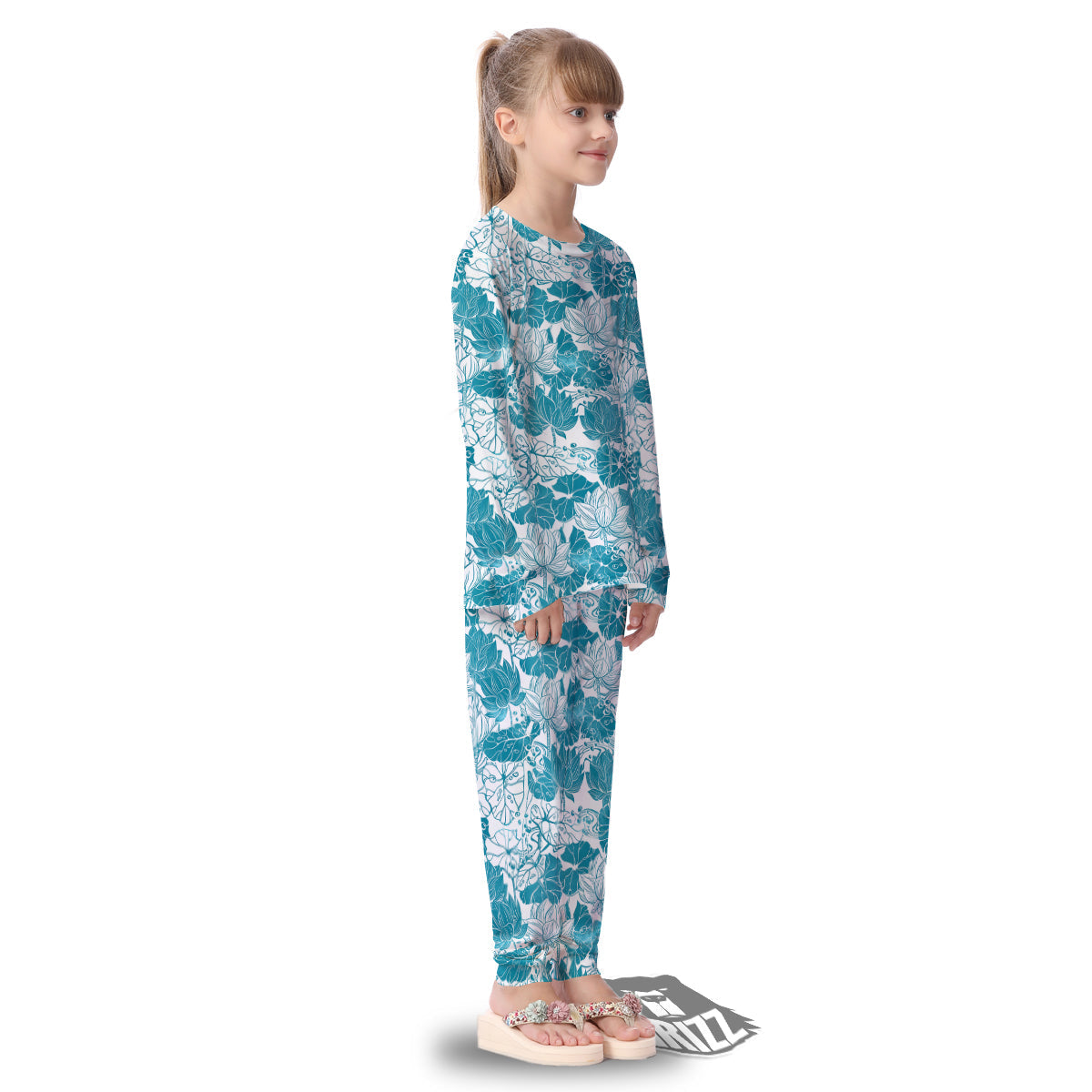 Lotus Blue And White Flower Print Pattern Kid's Pajamas-grizzshop