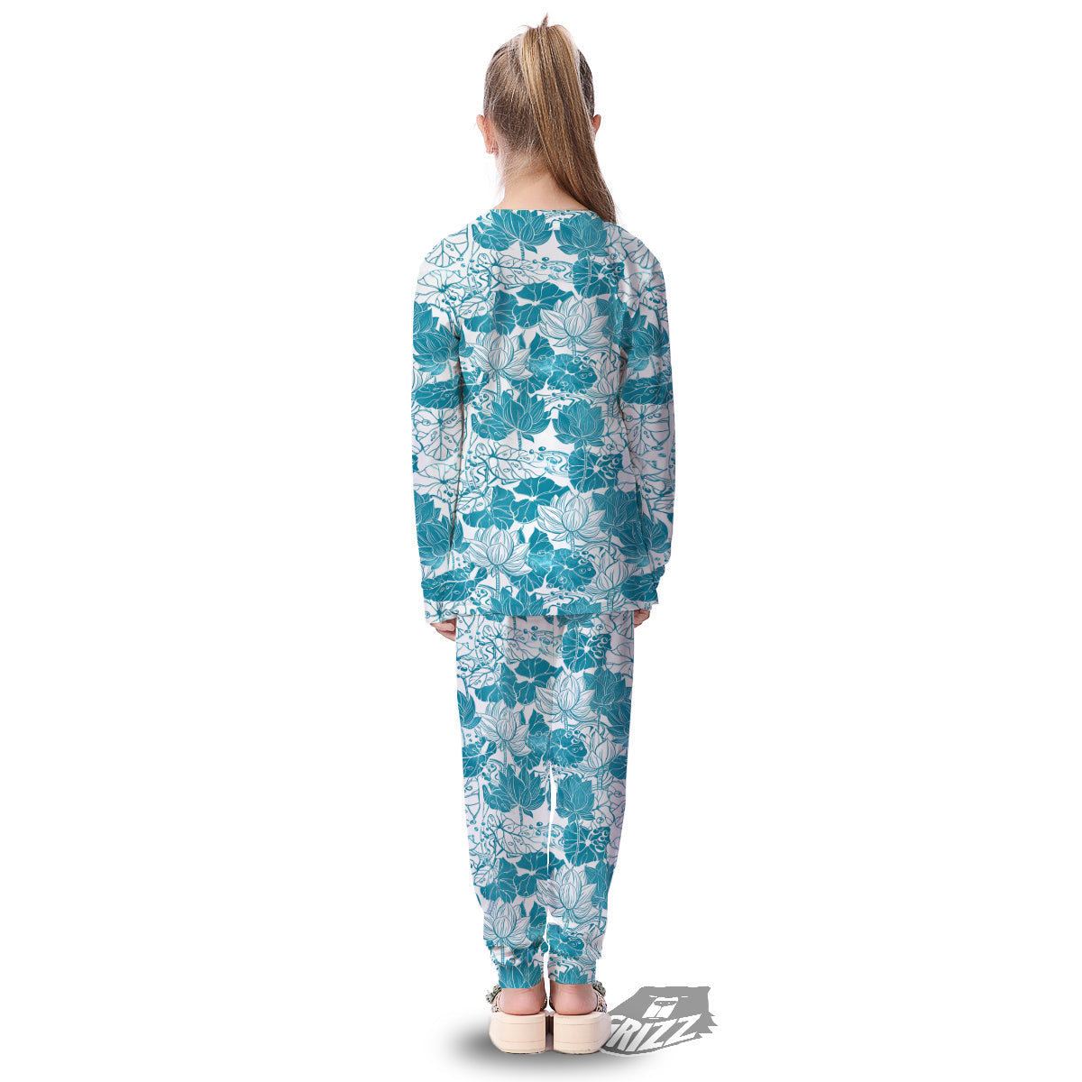 Lotus Blue And White Flower Print Pattern Kid's Pajamas-grizzshop